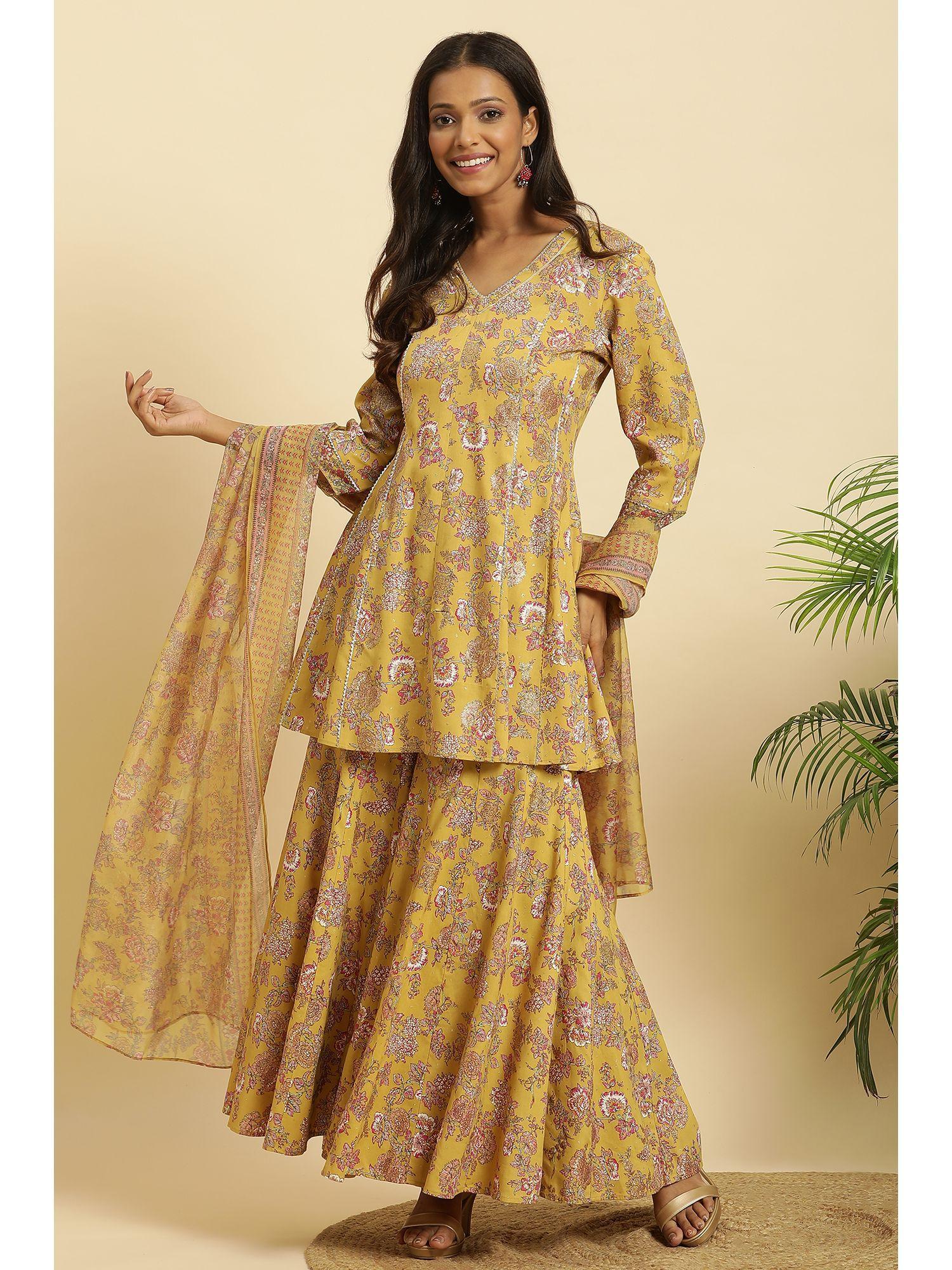 yellow floral kurta, sharara & dupatta (set of 3)