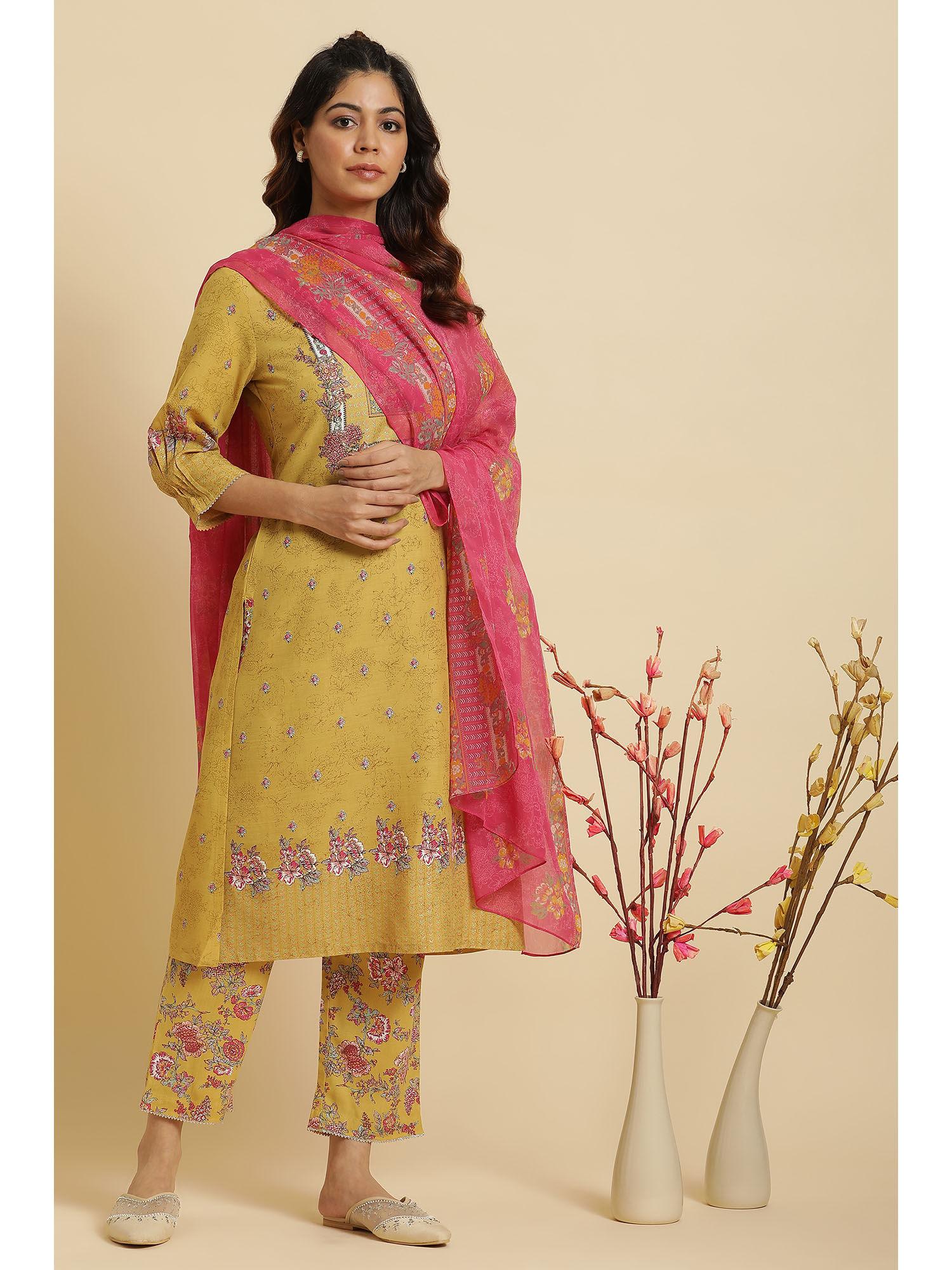 yellow floral kurta straight pant dupatta (set of 3)