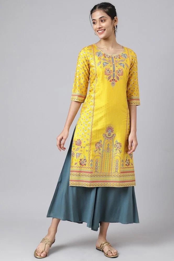 yellow floral motif sequin kurta