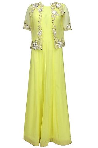 yellow floral pearls and sequins embroidered cape anarkali set