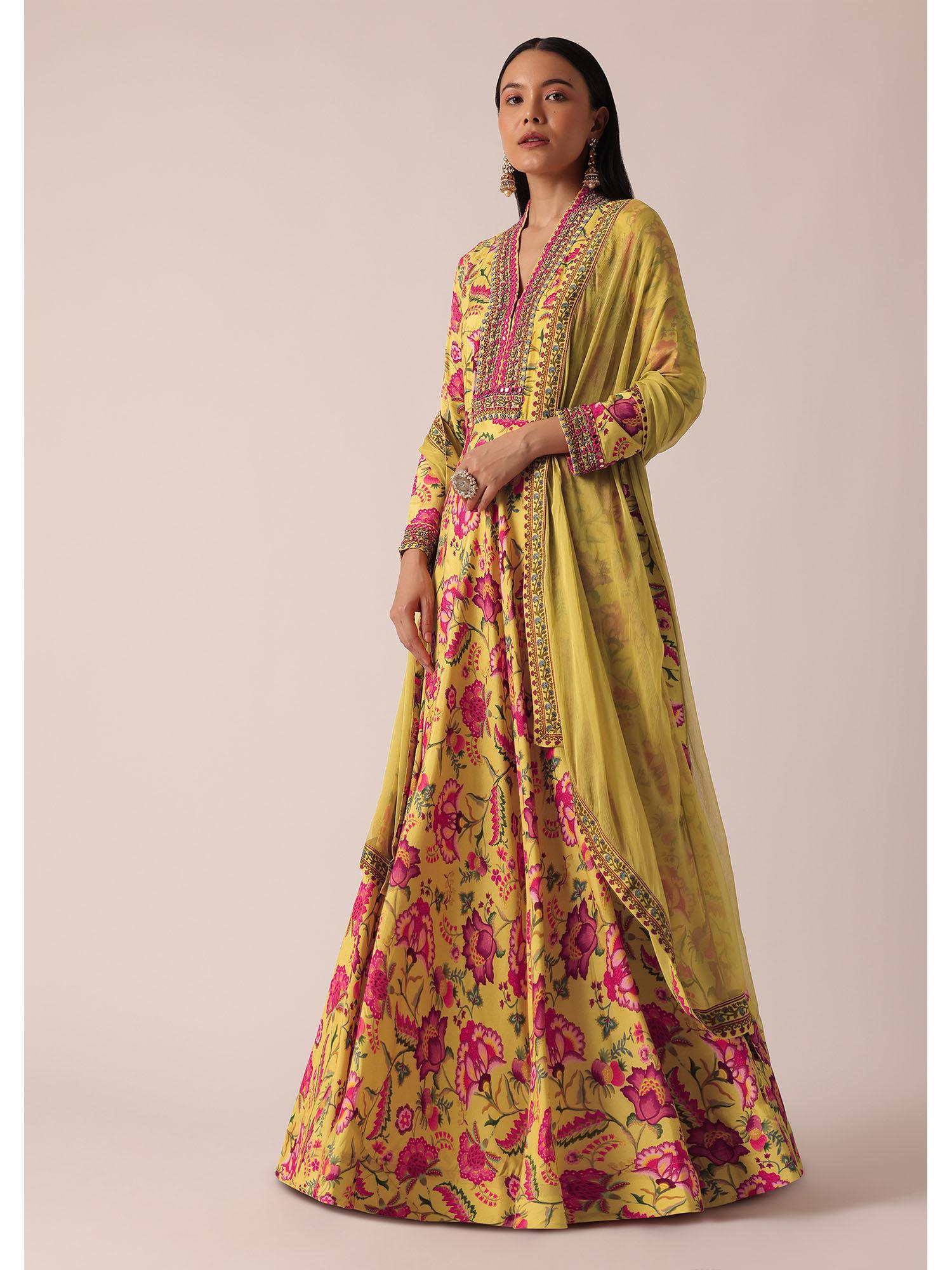 yellow floral print anarkali with dupatta (set of 2)