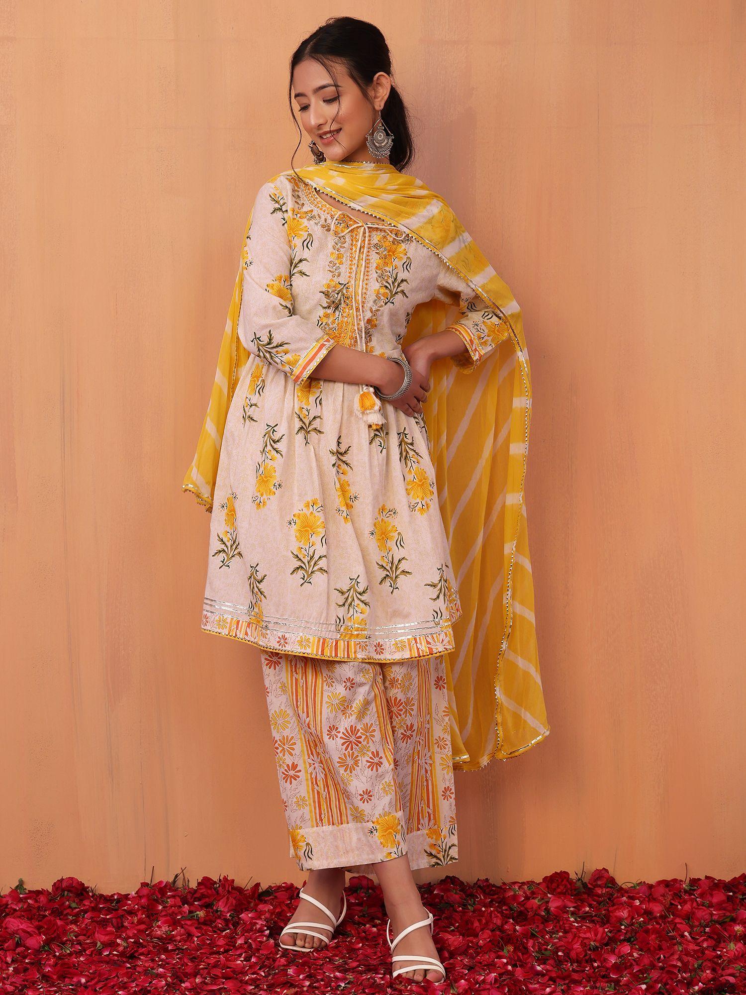 yellow floral print cotton kurta with palazzo and chiffon dupatta (set of 3)