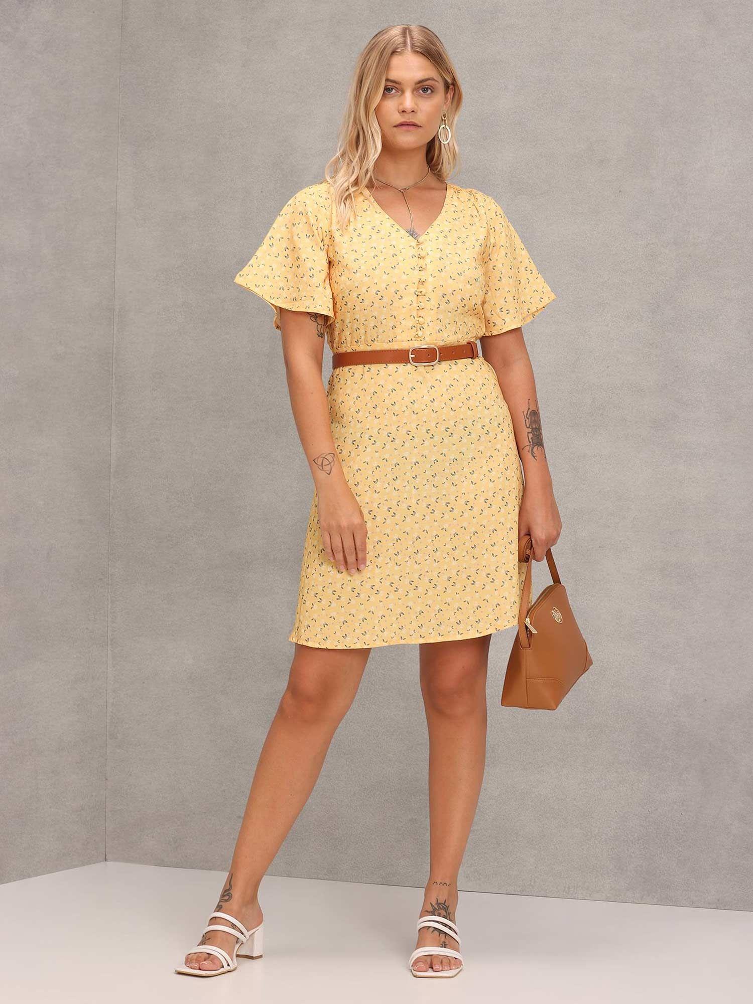 yellow floral print fit and flare dress (set of 2)