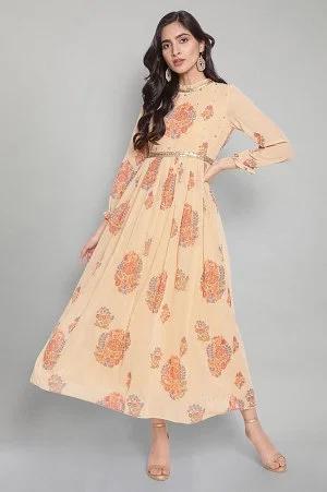 yellow floral print flared victorian dress