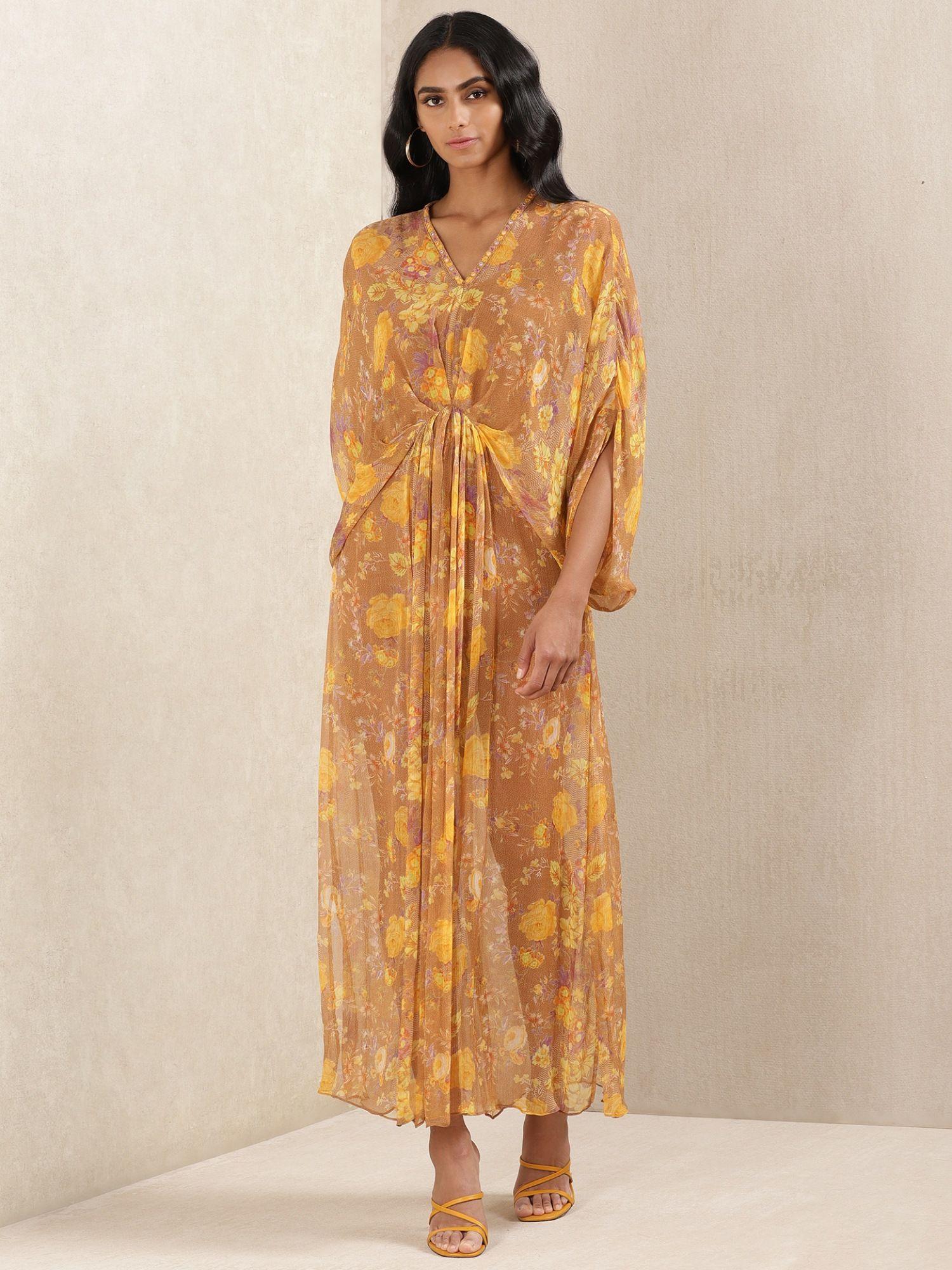 yellow floral print kaftan dress with camisole (set of 2)