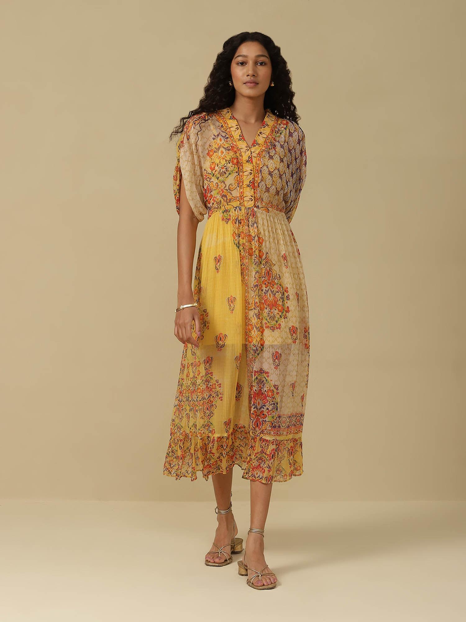 yellow floral print kaftan dress with inner (set of 2)