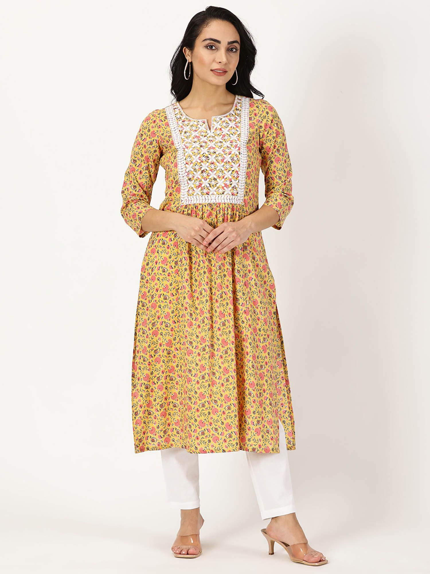 yellow floral print kurta with chikankari embroidery