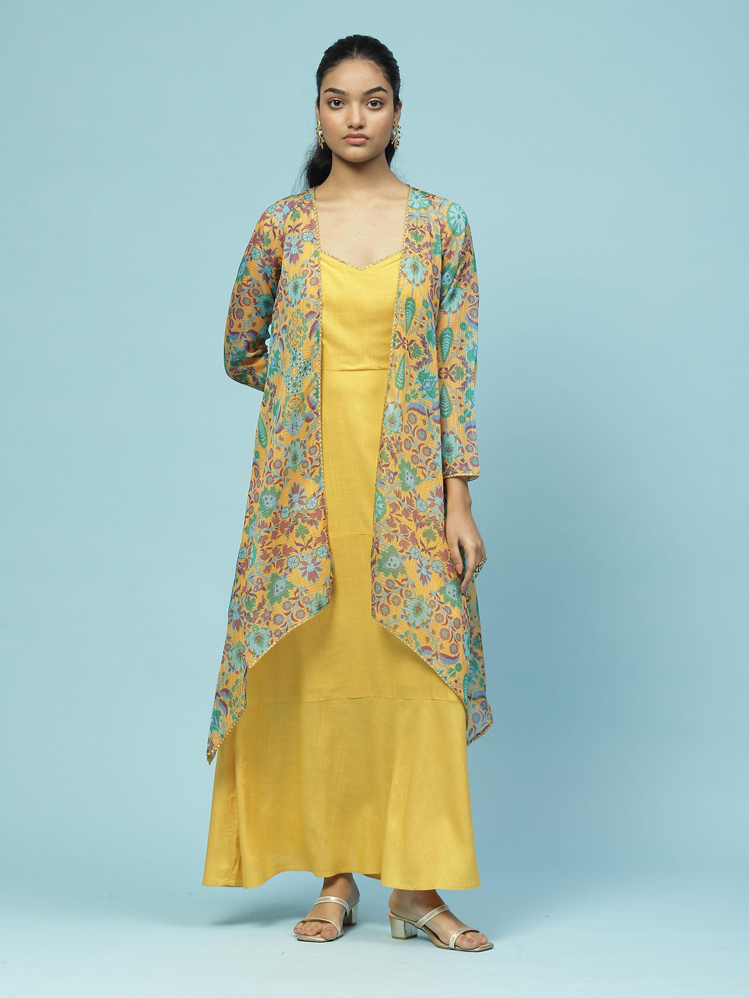 yellow floral print maxi dress with shrug (set of 2)