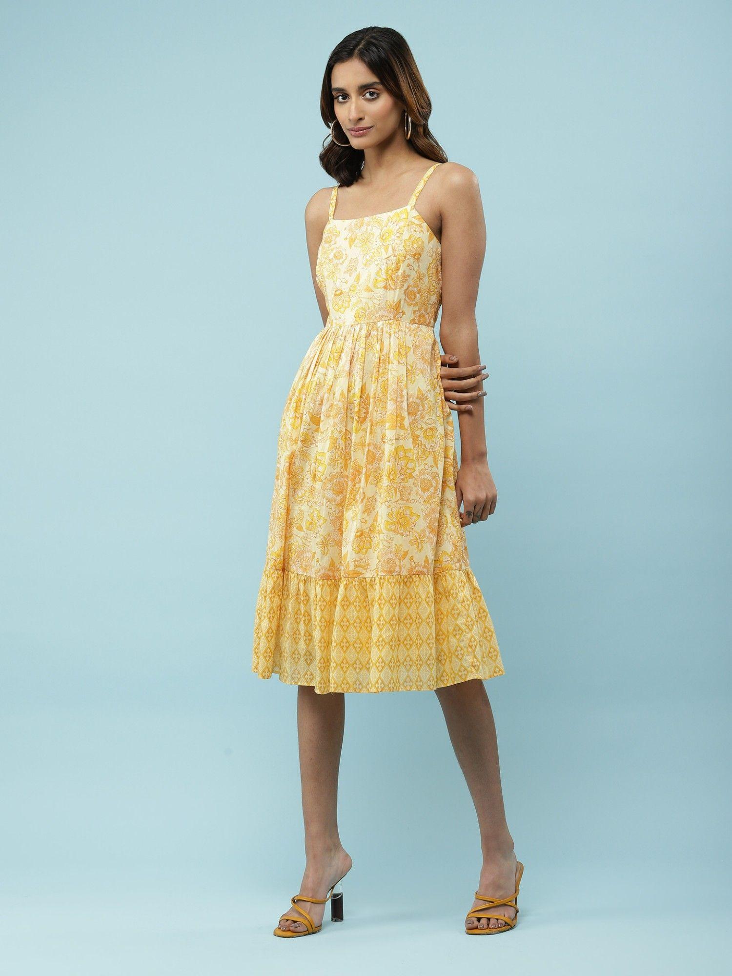 yellow floral print midi dress