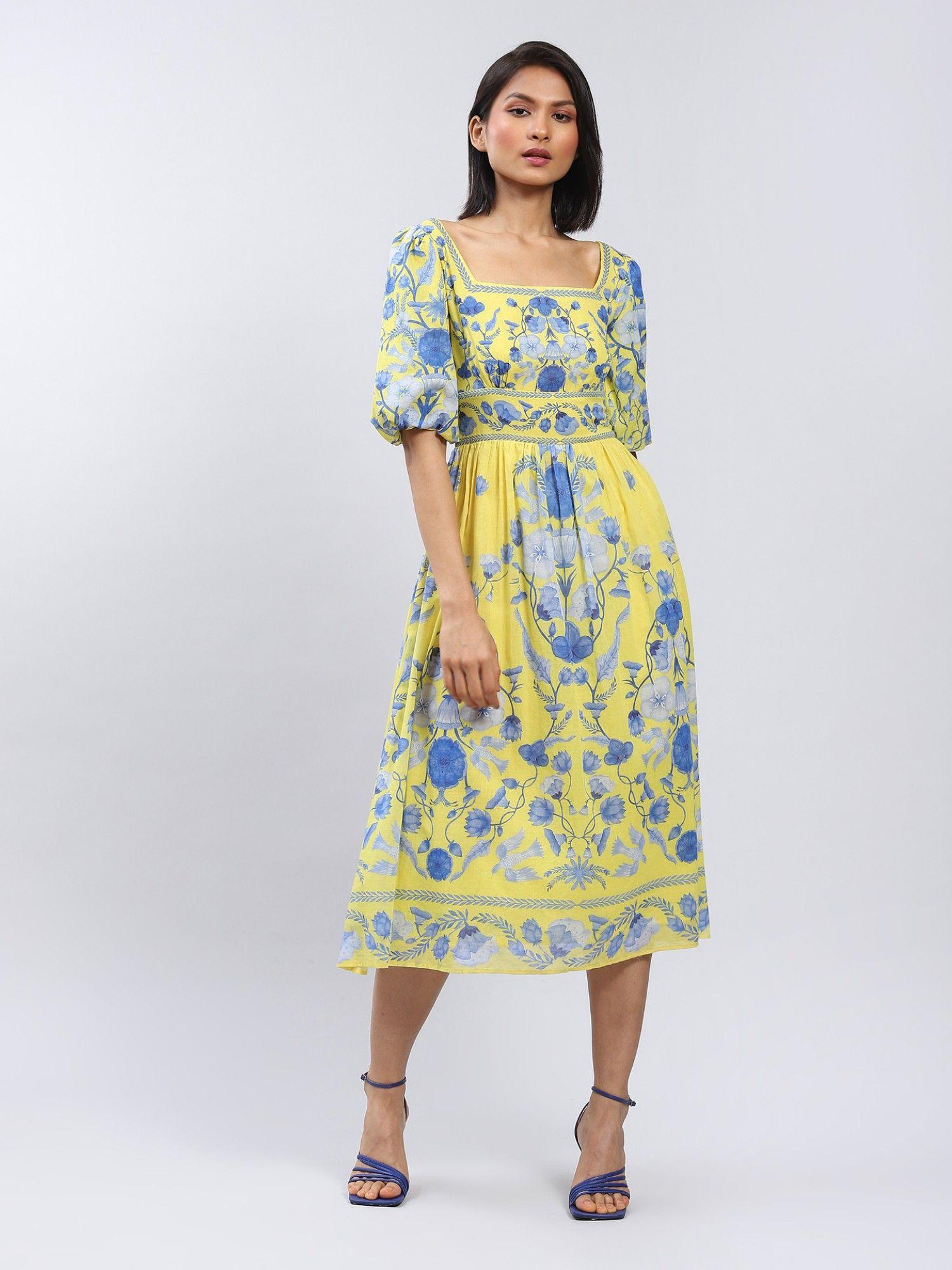 yellow floral print midi dress