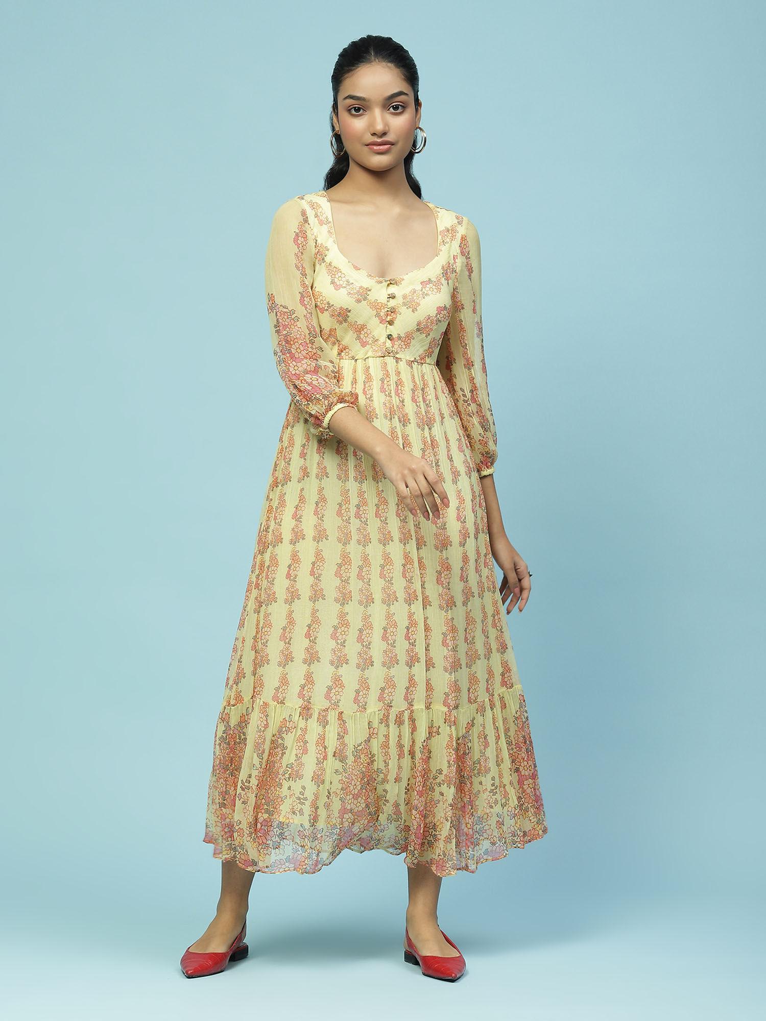 yellow floral print midi dress