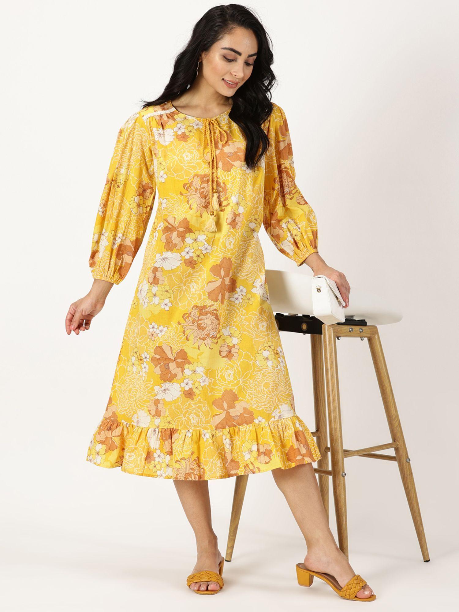 yellow floral print midi dress