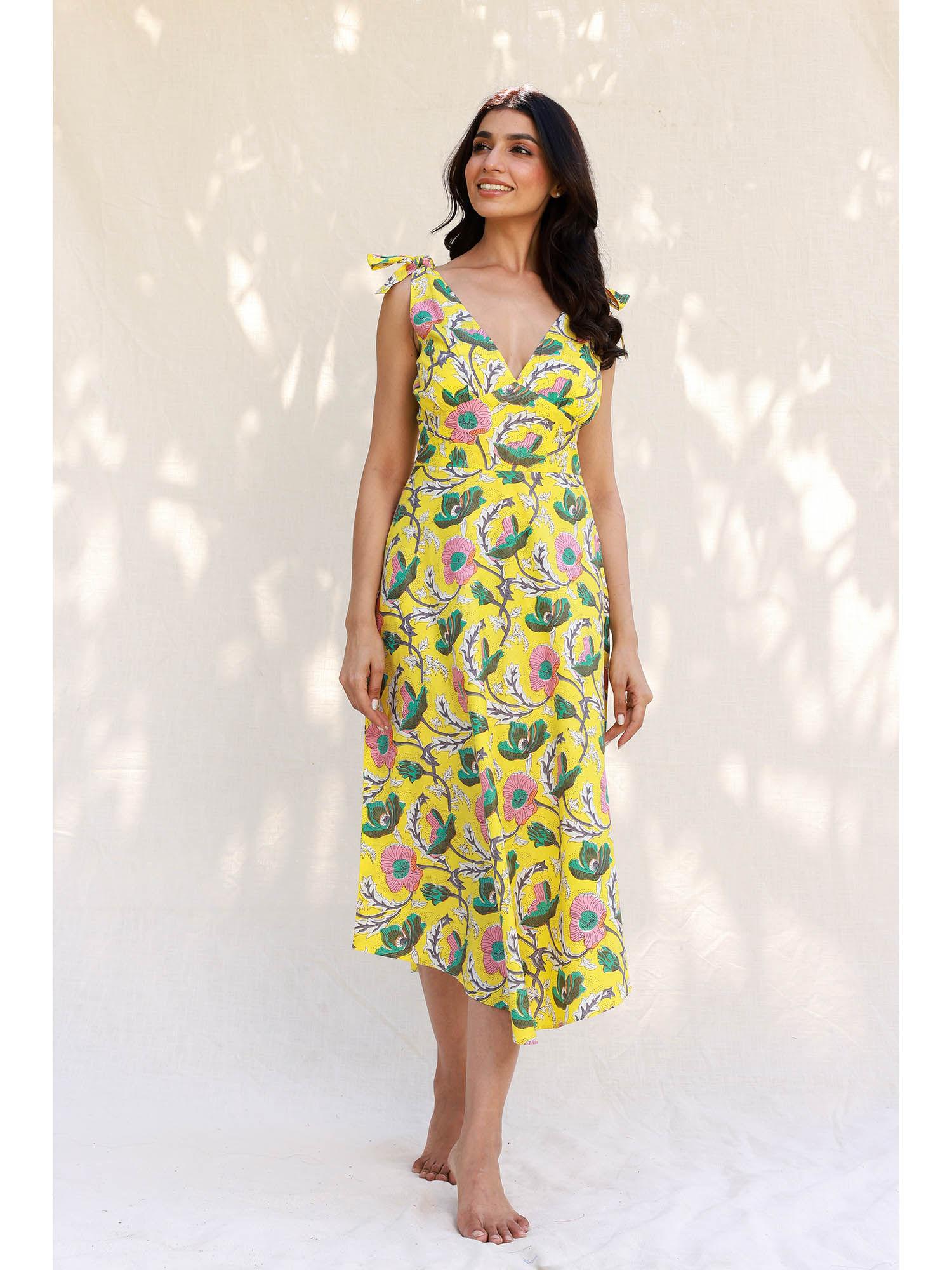 yellow floral print midi dress