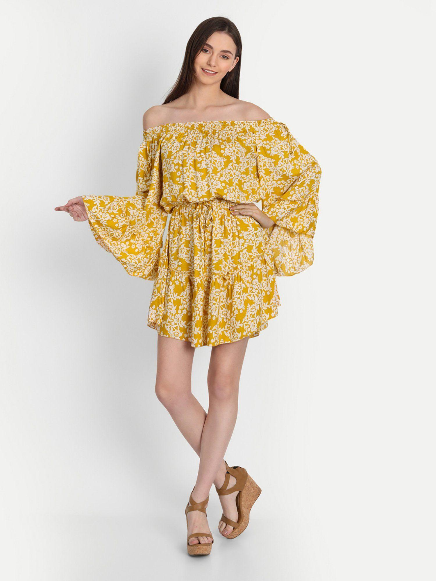 yellow floral print off shoulder mini dress