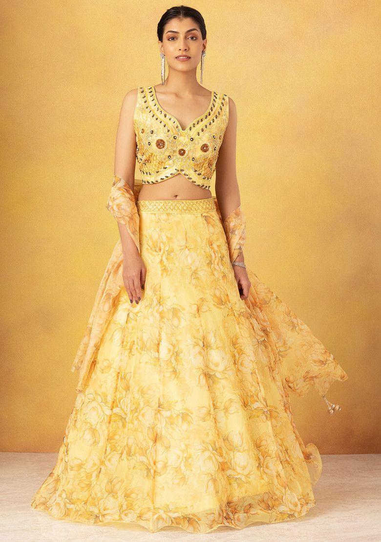 yellow floral print organza lehenga set with embellished blouse and dupatta