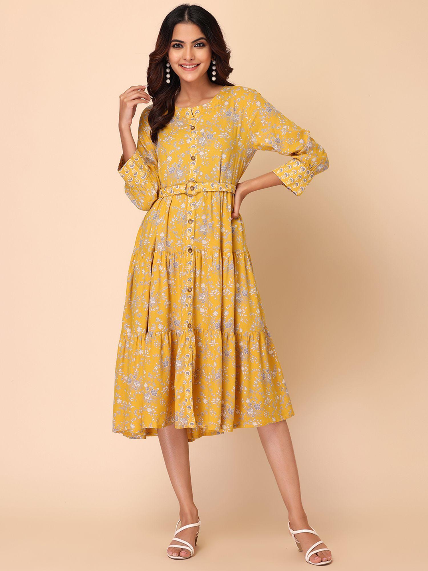 yellow floral print rayon tiered dress with belt (set of 2)