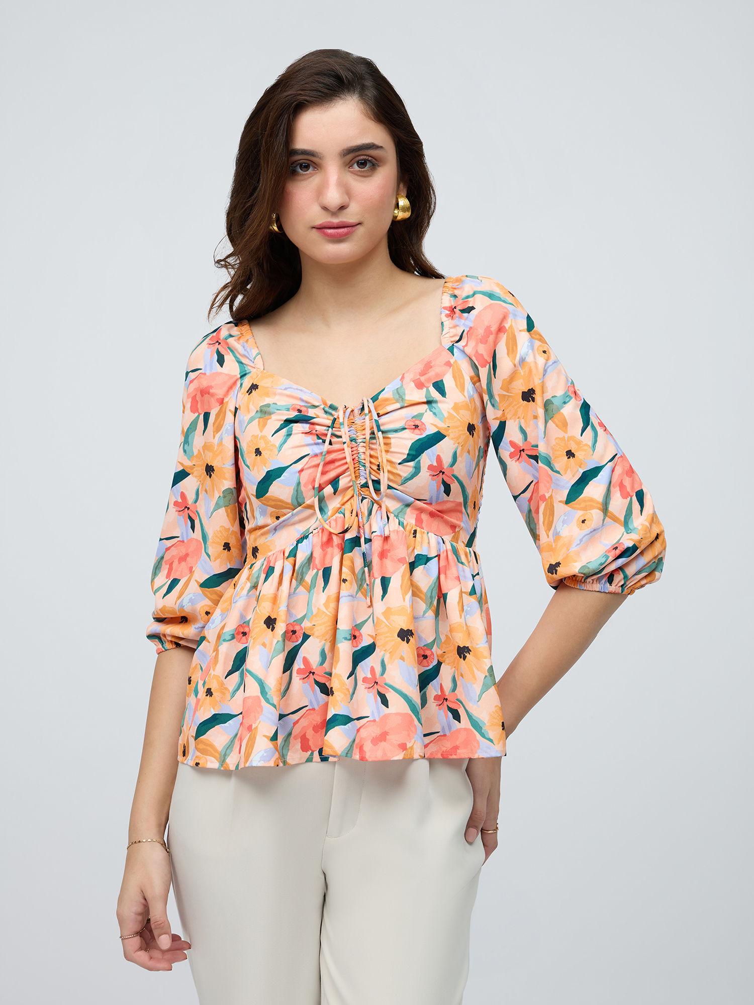 yellow floral print sweetheart neck fit and flare top