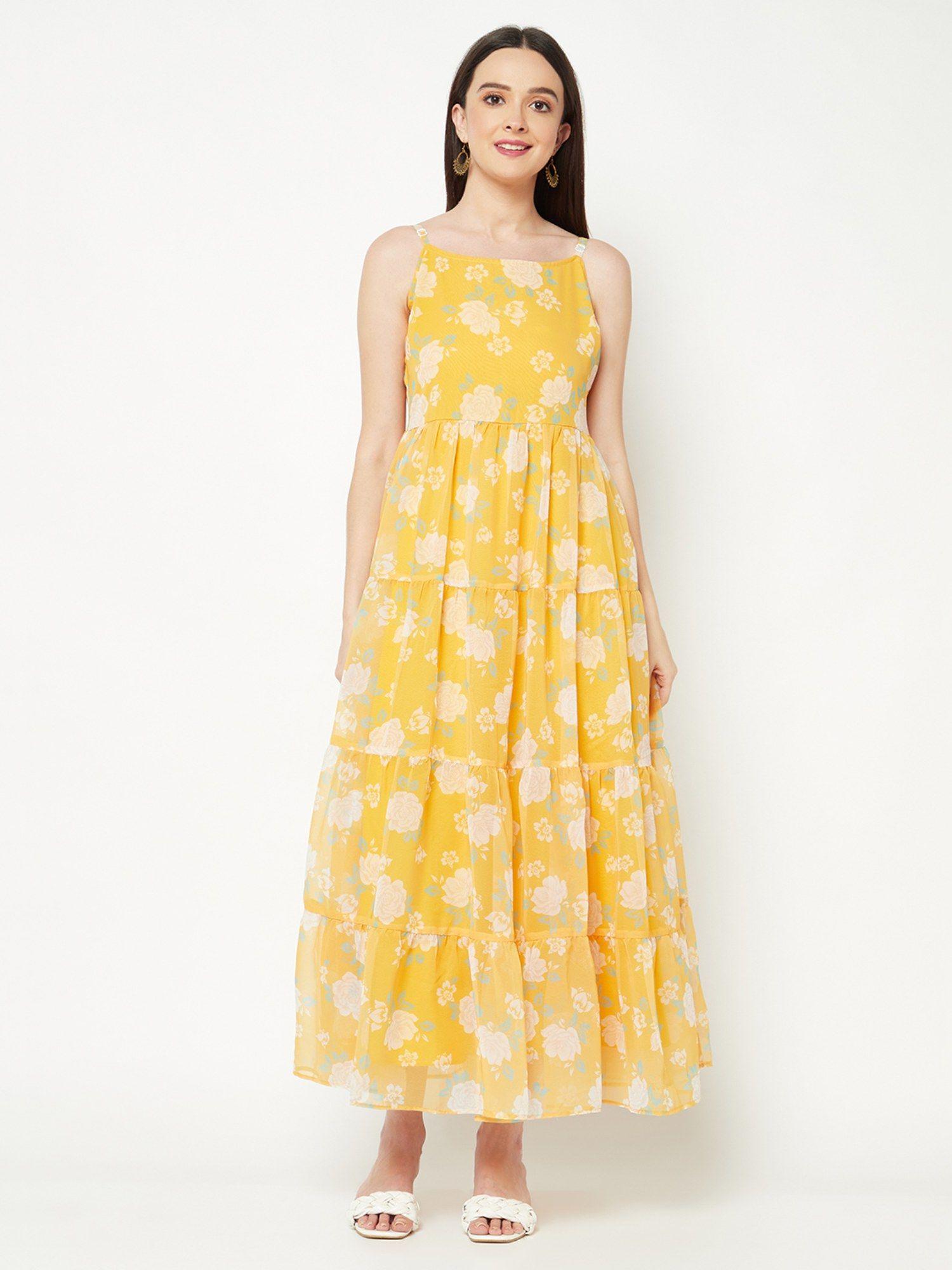 yellow floral print tiered dress