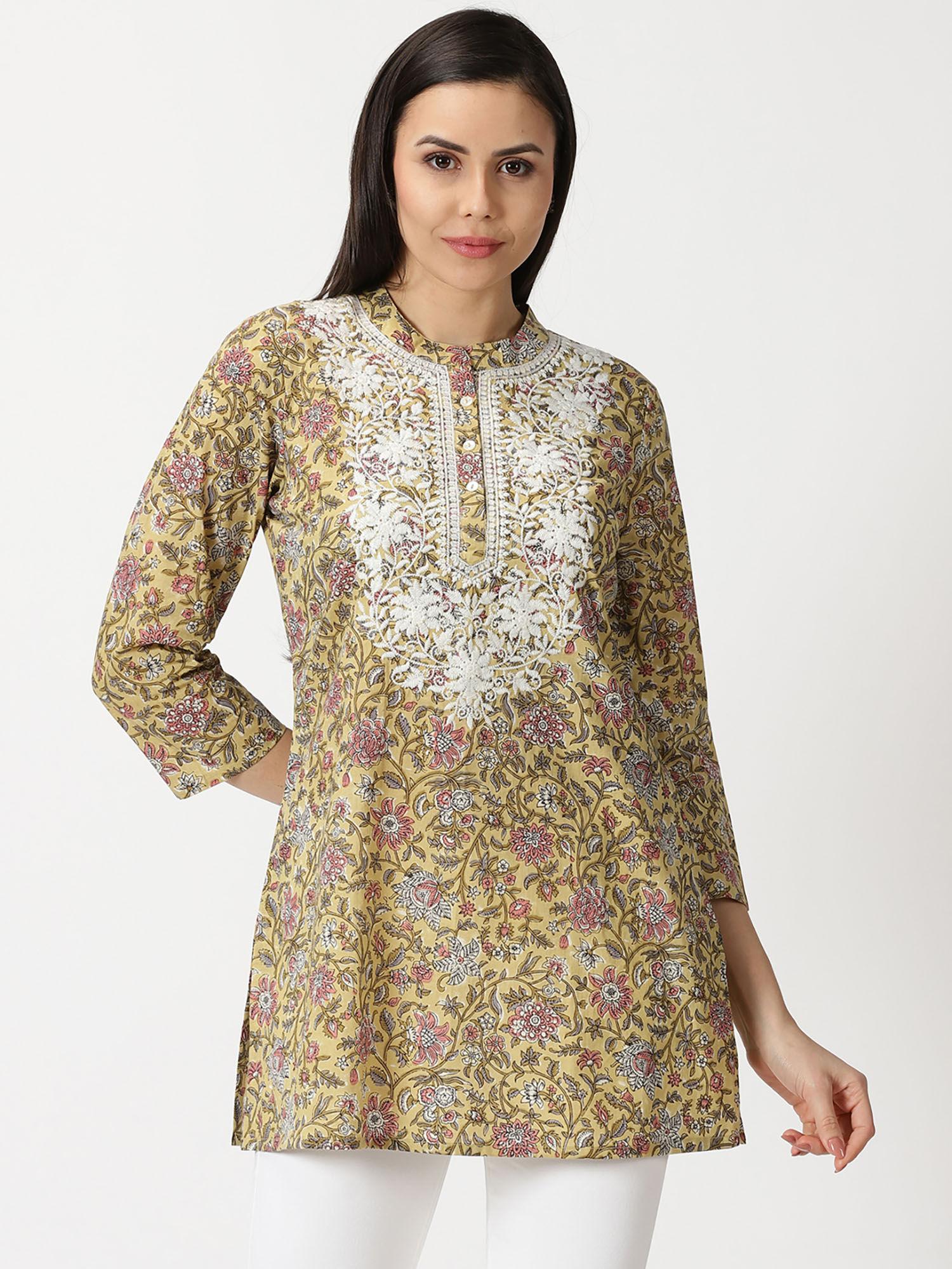 yellow floral print tunic with lucknow chikankari embroidery