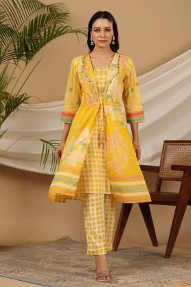 yellow floral printed a-line layered nylon dobby kurta with pants set with kaudis & bead work (2-pcs) - yellow
