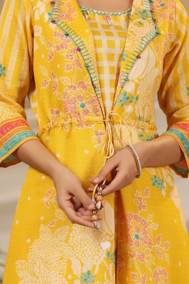 yellow floral printed a-line layered nylon dobby kurta with pants set with kaudis _ bead work (2-pcs)