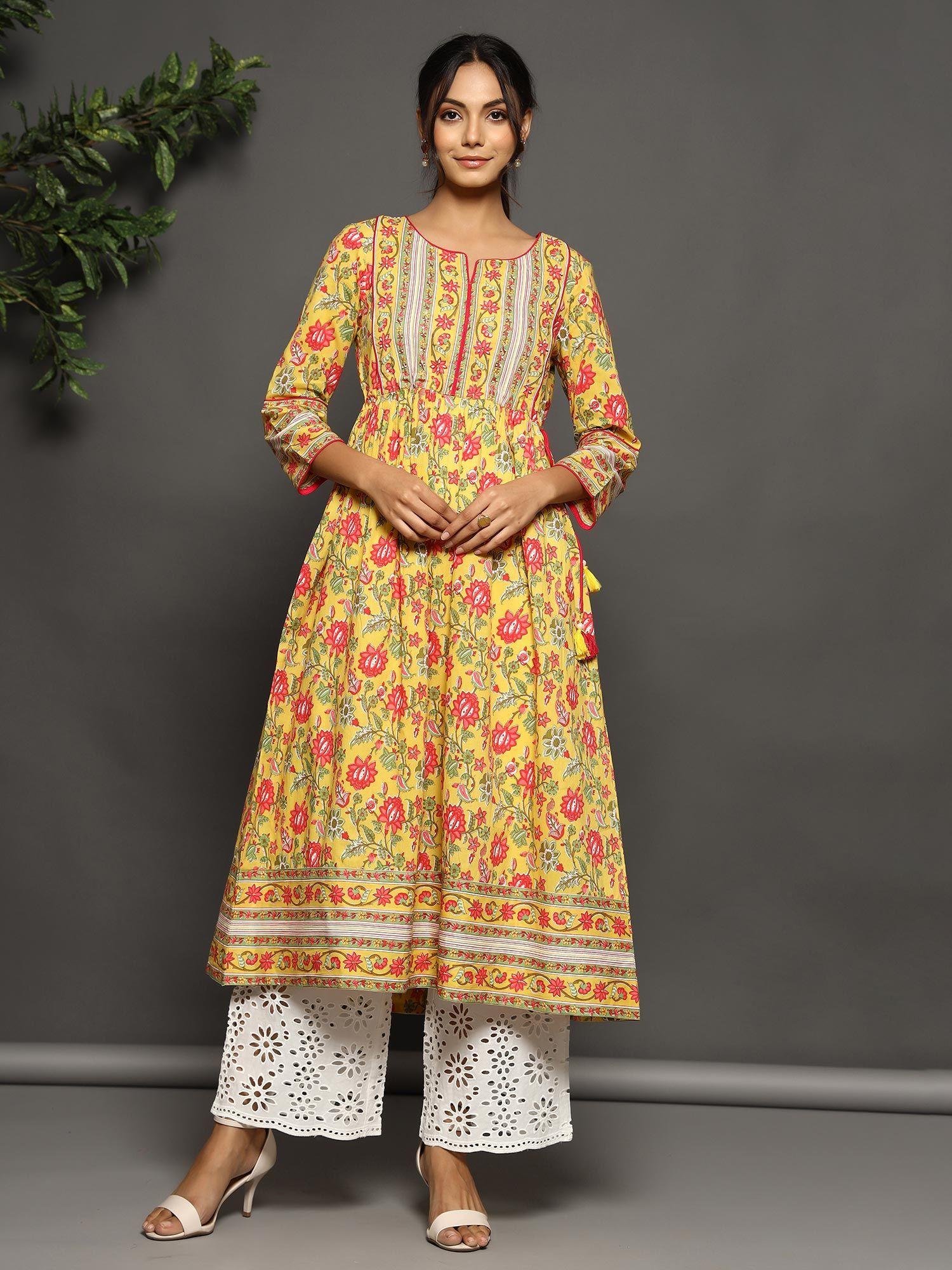 yellow floral printed anarkali kurta