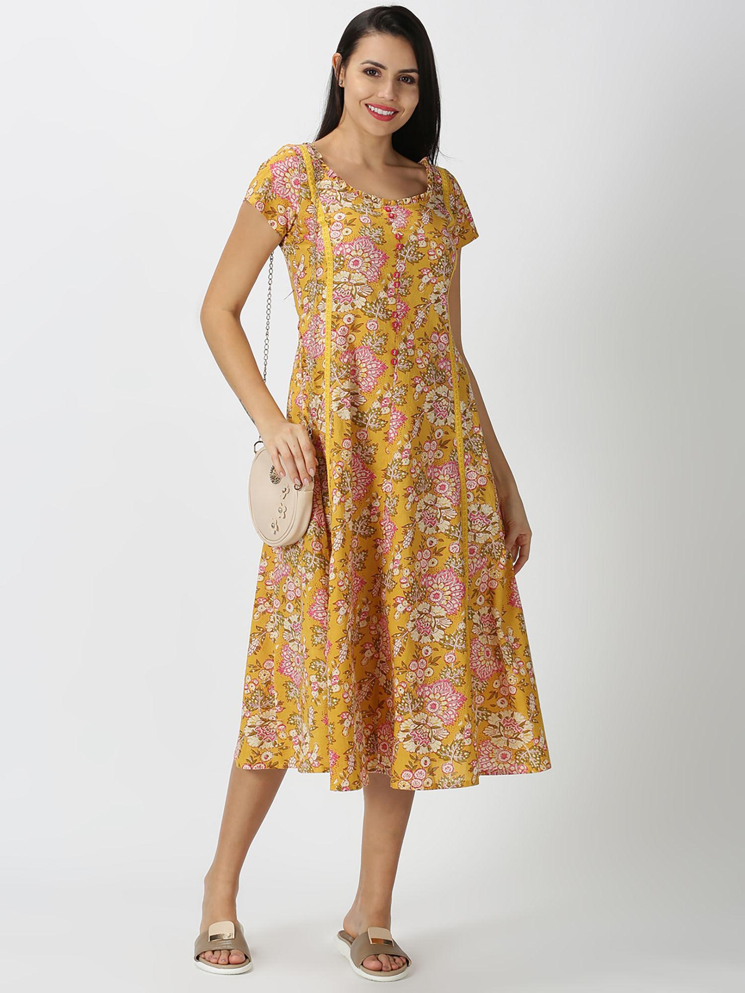 yellow floral printed back closure midi dress