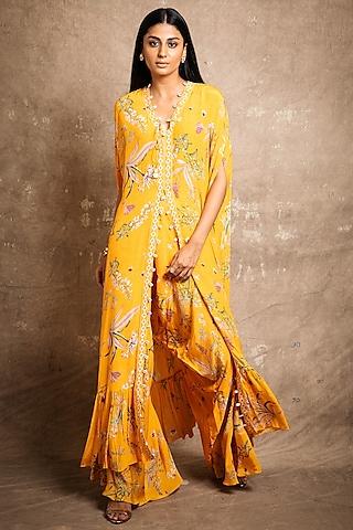 yellow floral printed cape set