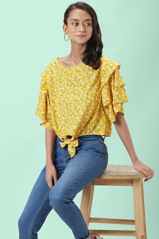 yellow floral printed casual elbow sleeves round neck women regular fit top