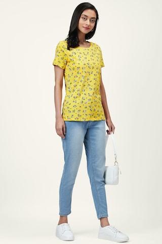 yellow floral printed casual half sleeves round neck women regular fit t-shirt