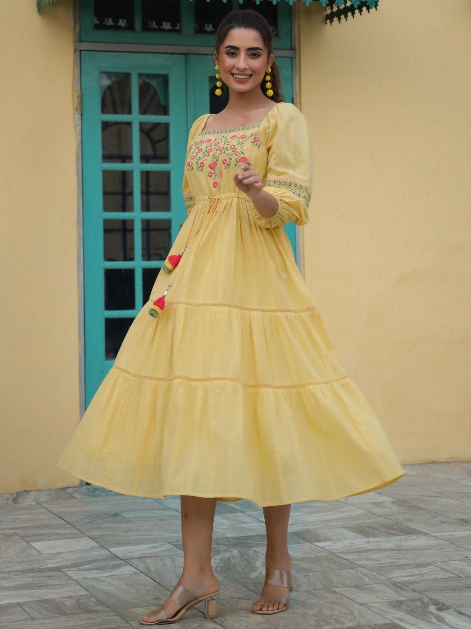 yellow floral printed cotton dobby flared dress with thread embroidery