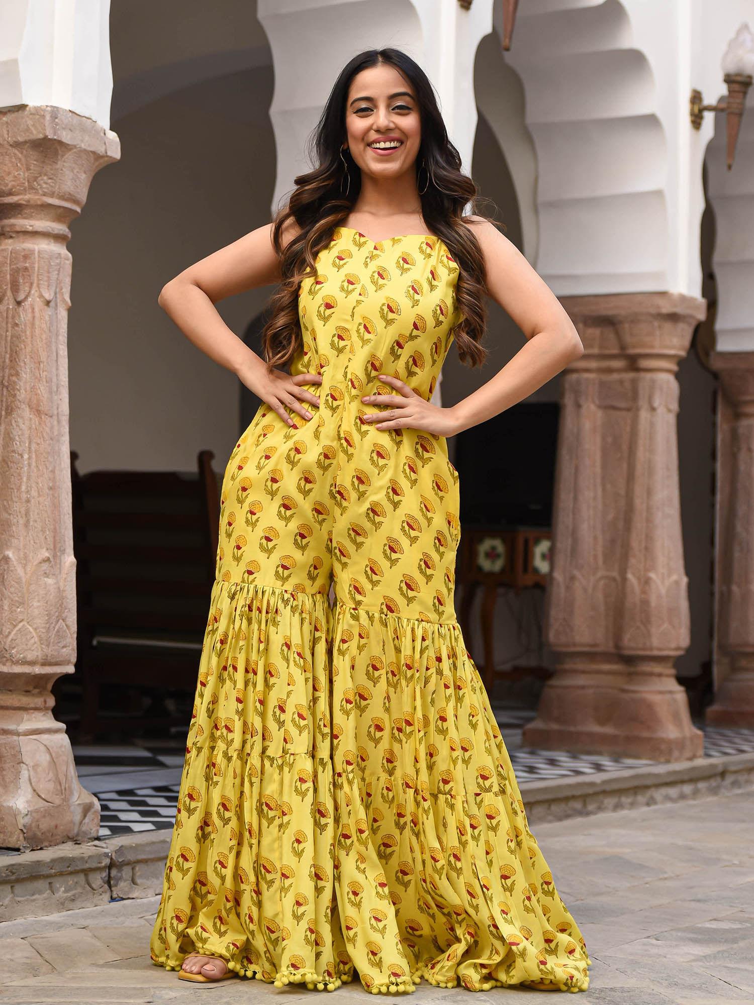 yellow floral printed cotton jumpsuit