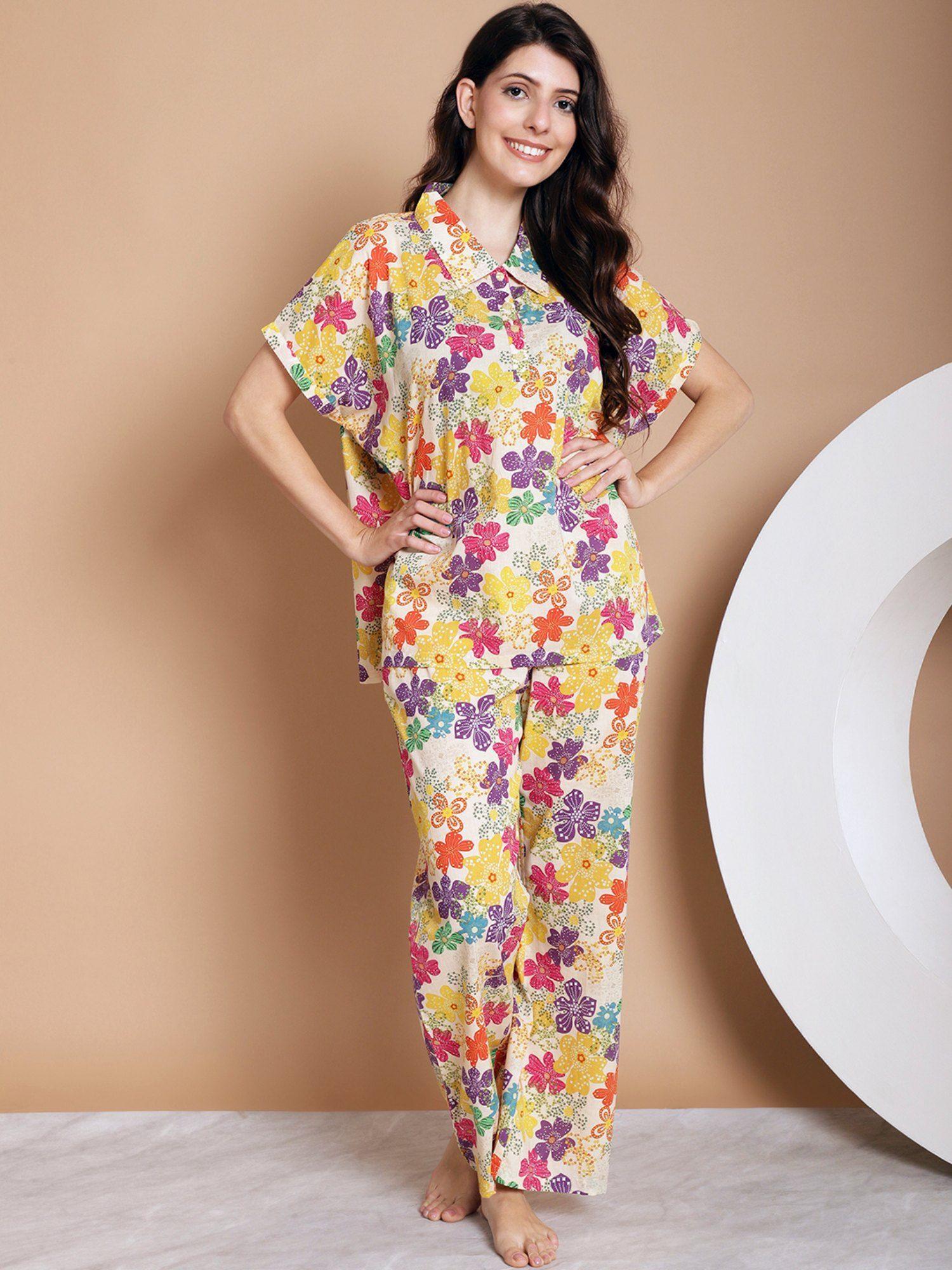 yellow floral printed extended sleeves pure cotton night suit (set of 2)