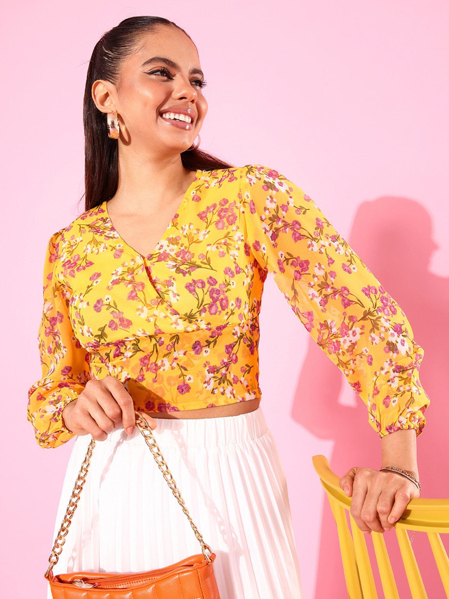 yellow floral printed georgette crop top