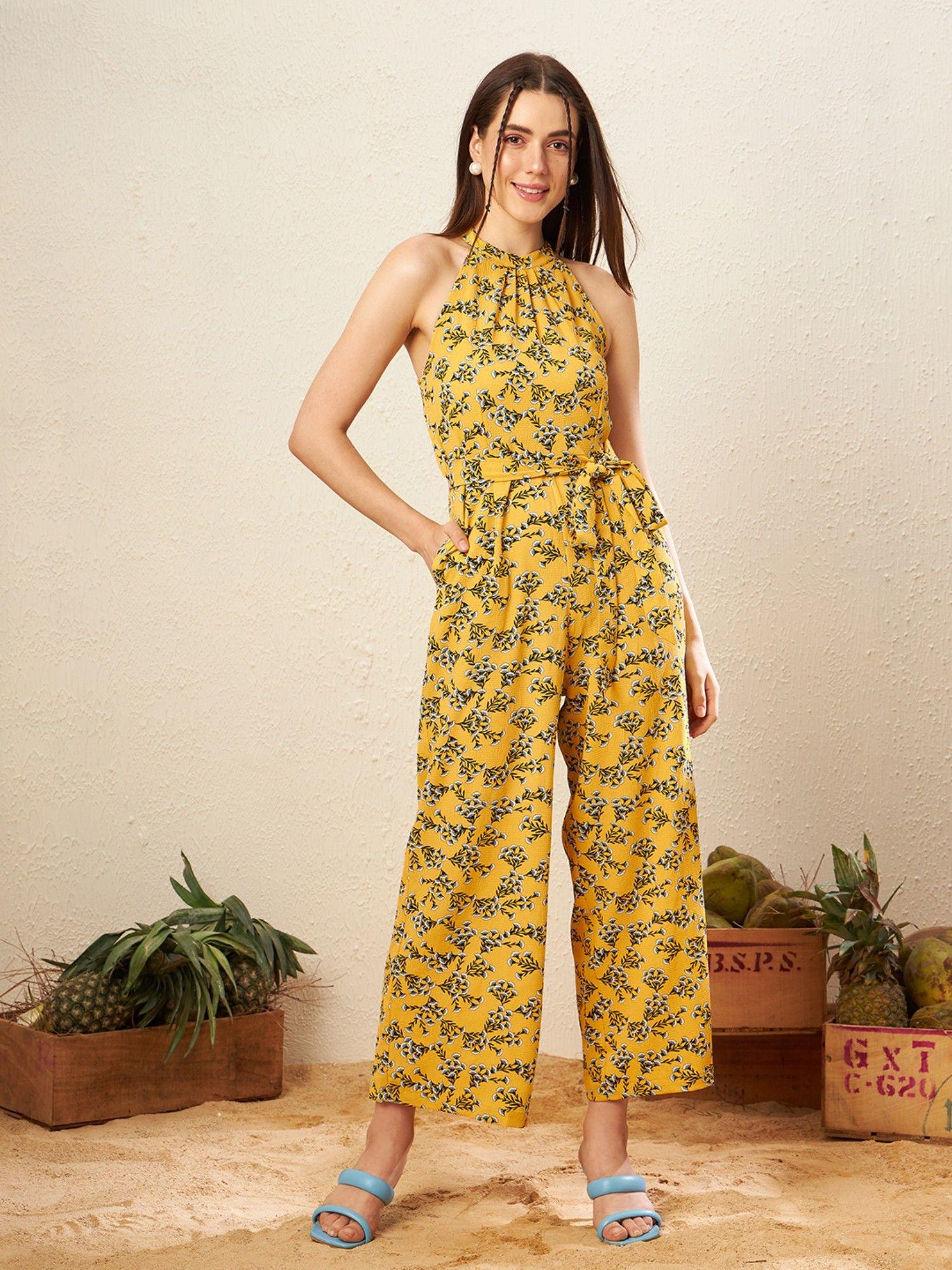 yellow floral printed halter neck jumpsuit