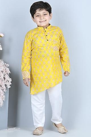yellow floral printed kurta set for boys