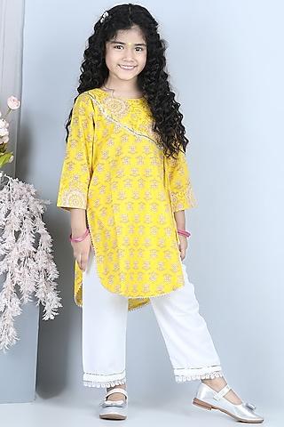 yellow floral printed kurta set for girls