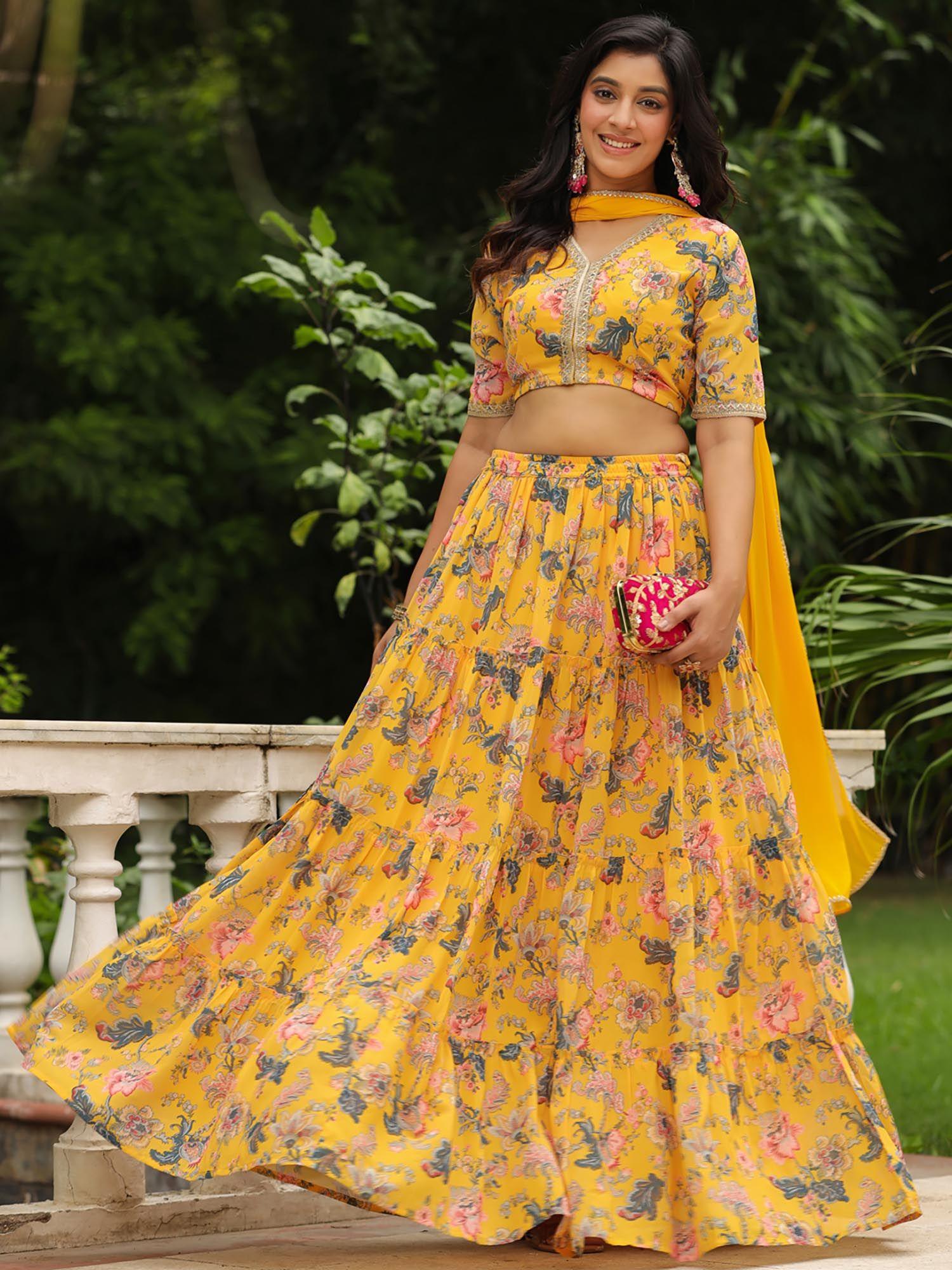 yellow floral printed lehenga with choli and dupatta (set of 3)