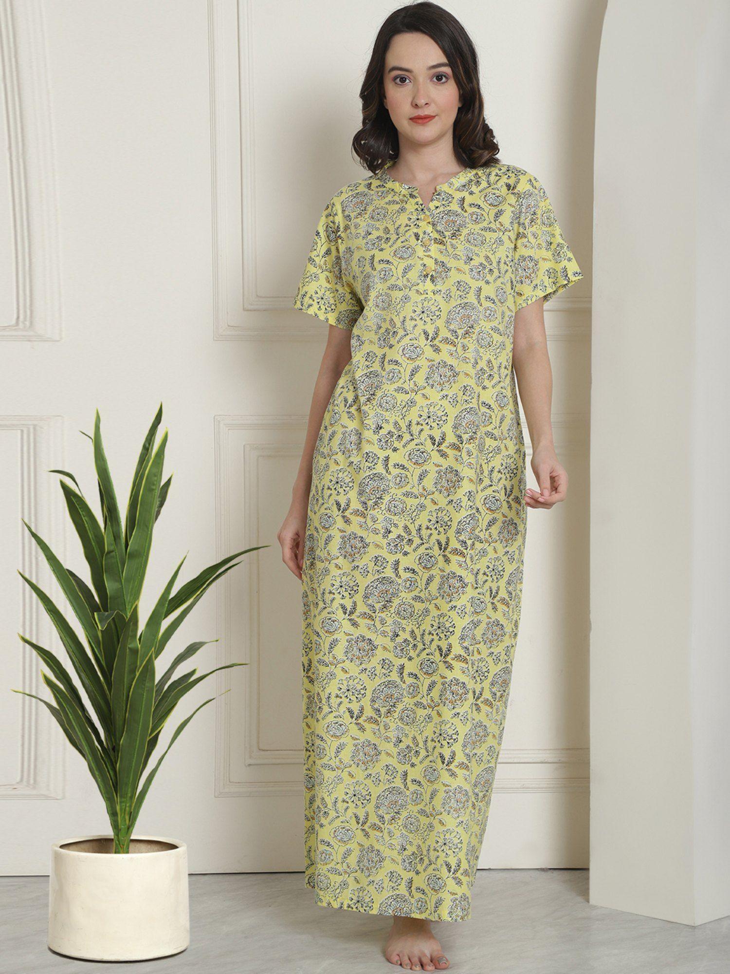 yellow floral printed mandarin collar pure cotton maxi nightdress