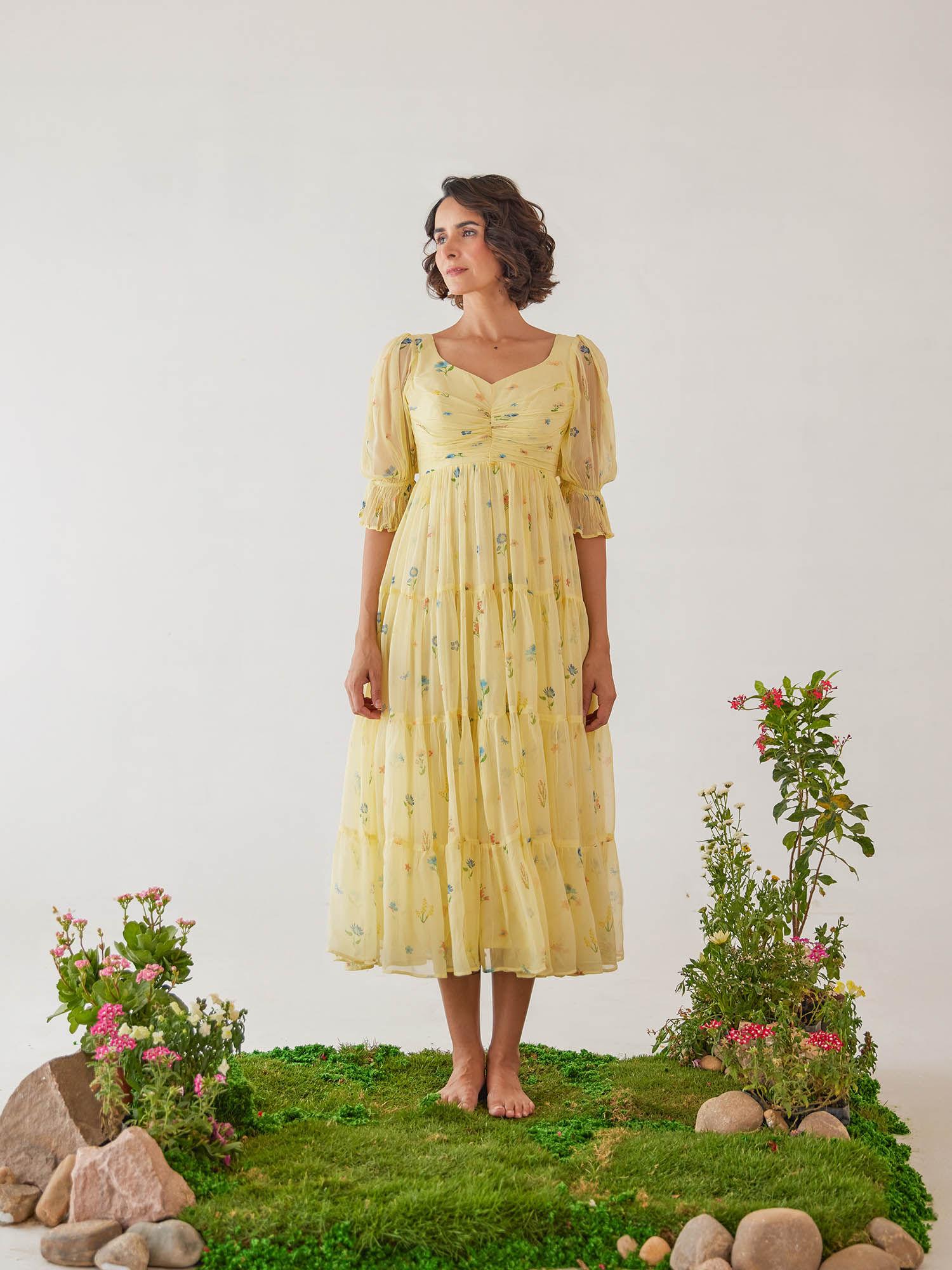 yellow floral printed moonkissed midi dress