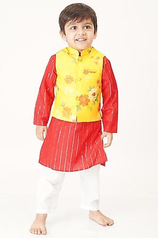 yellow floral printed nehru jacket with kurta set for boys