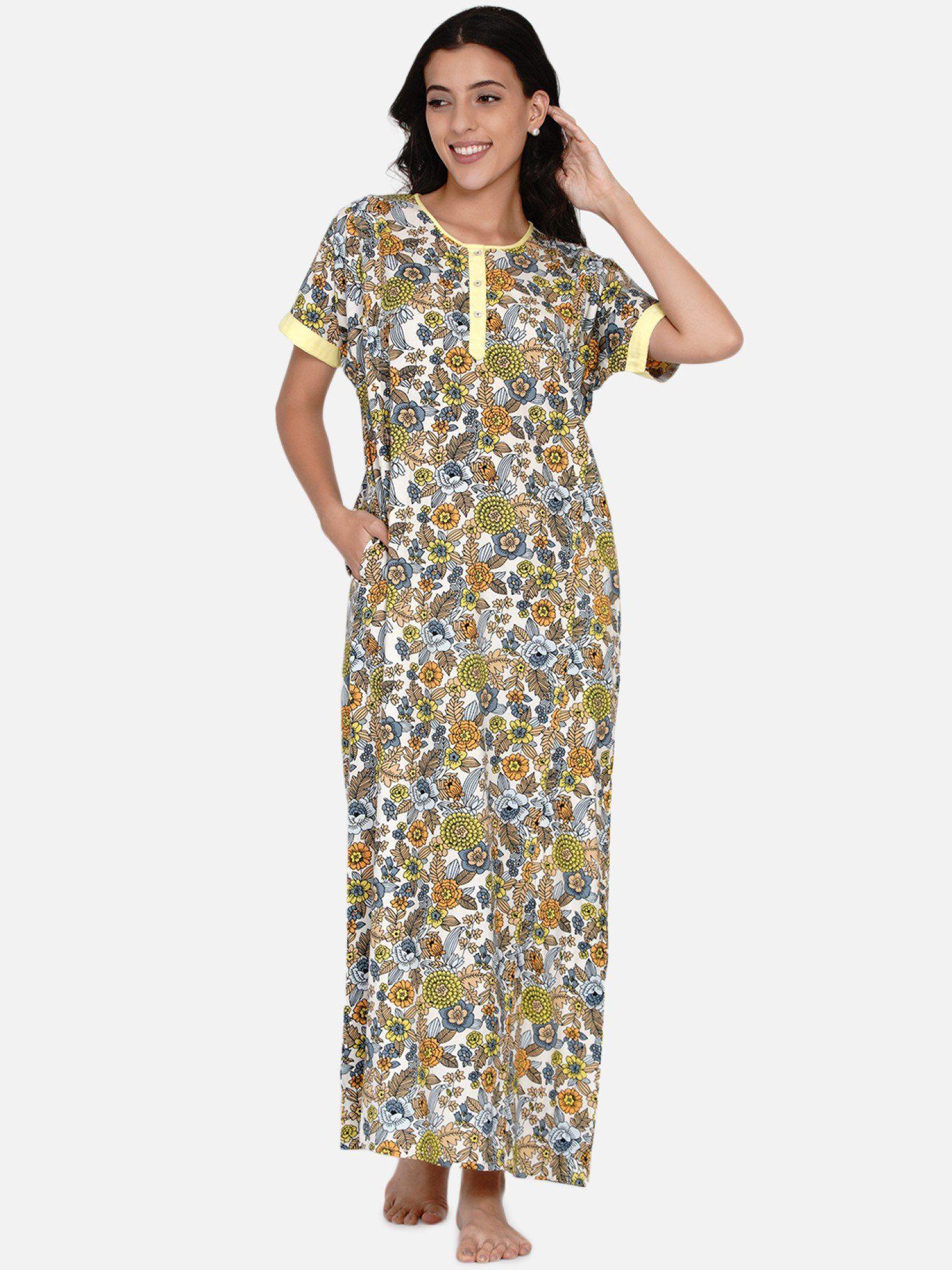 yellow floral printed nighty