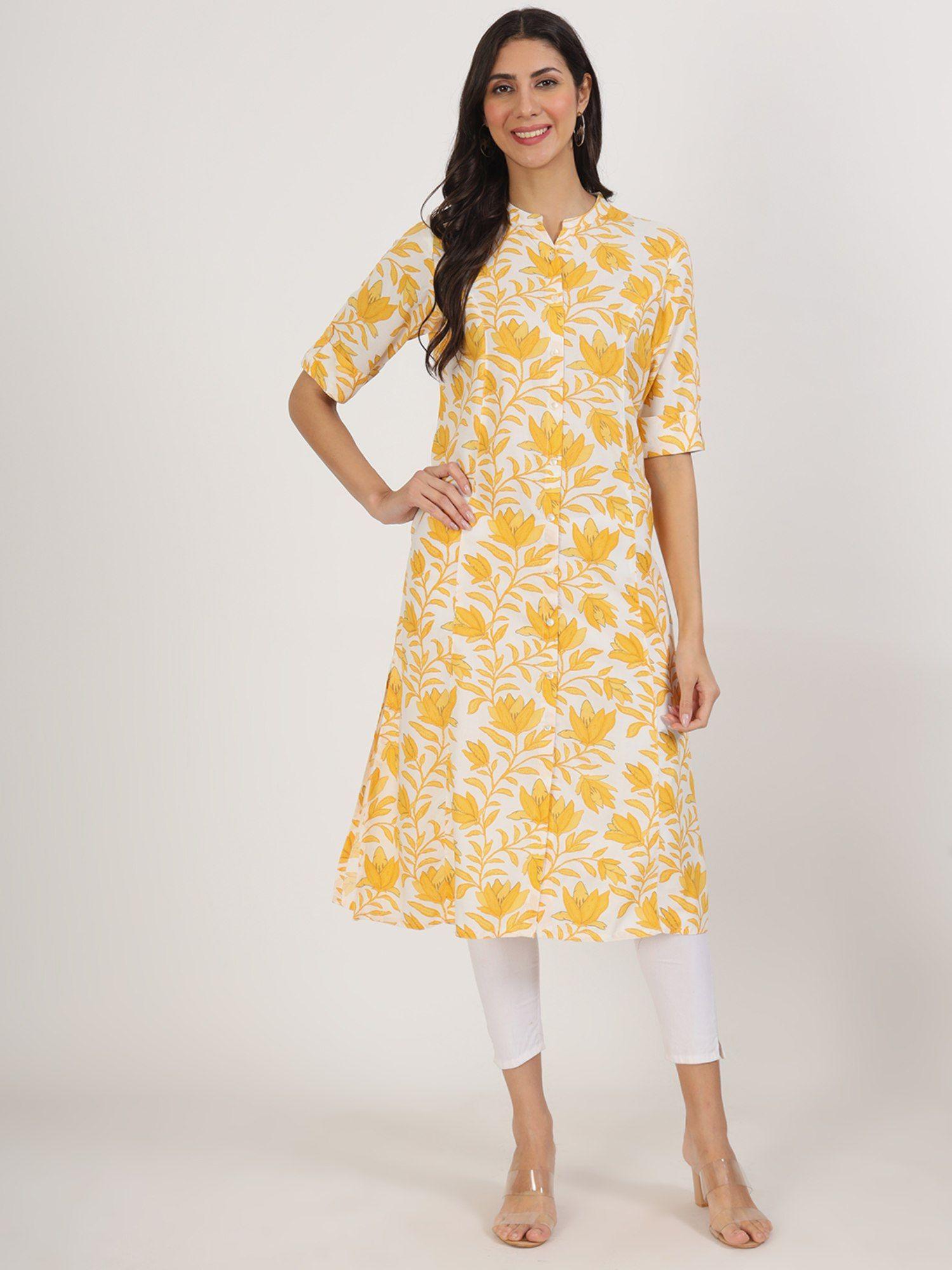 yellow floral printed rayon a-line kurta