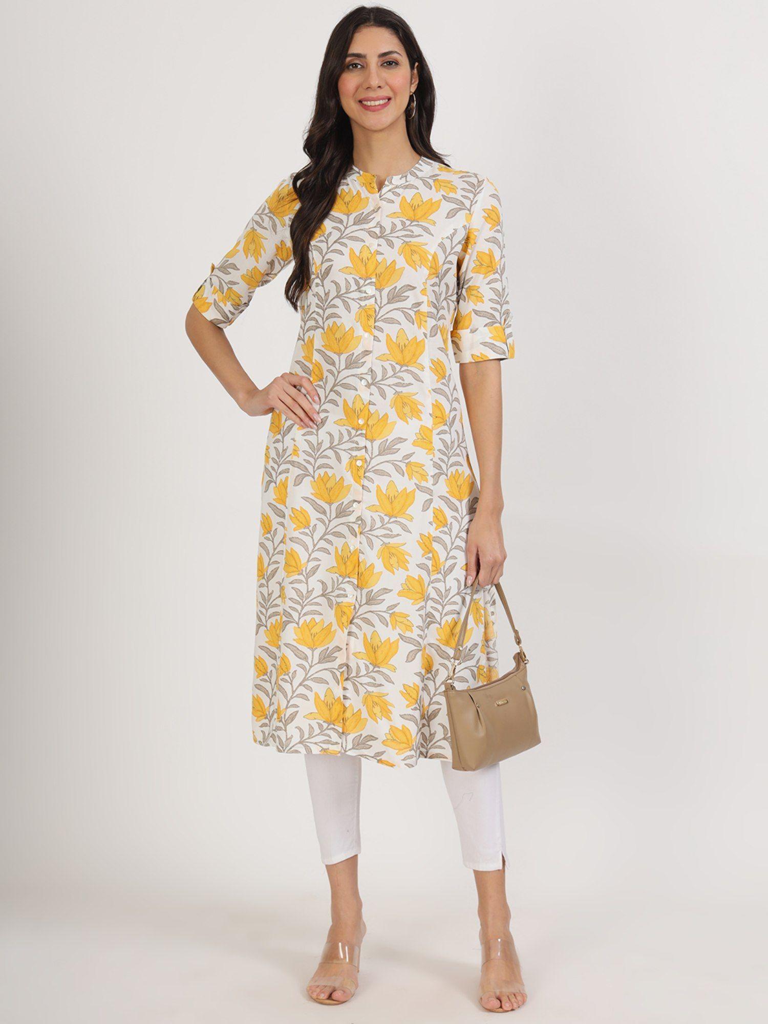 yellow floral printed rayon a-line kurta