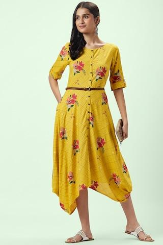 yellow floral printed round neck casual calf-length 3/4th sleeves women regular fit dress