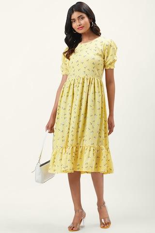 yellow floral printed round neck casual calf-length half sleeves women regular fit dress