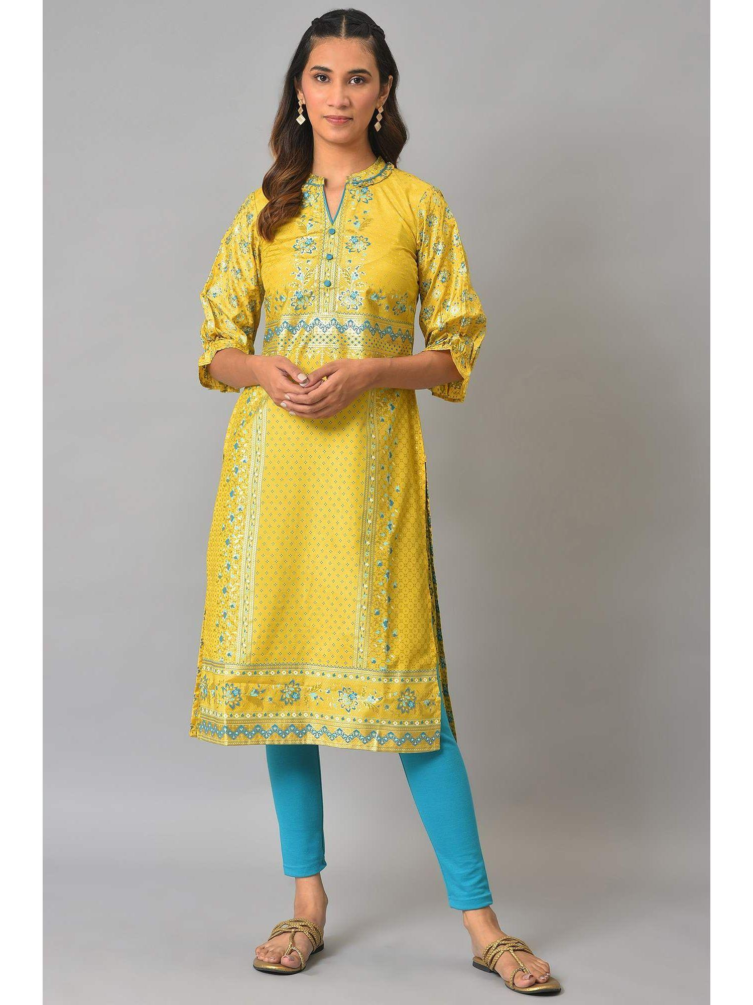 yellow floral printed sequined ethnic kurta