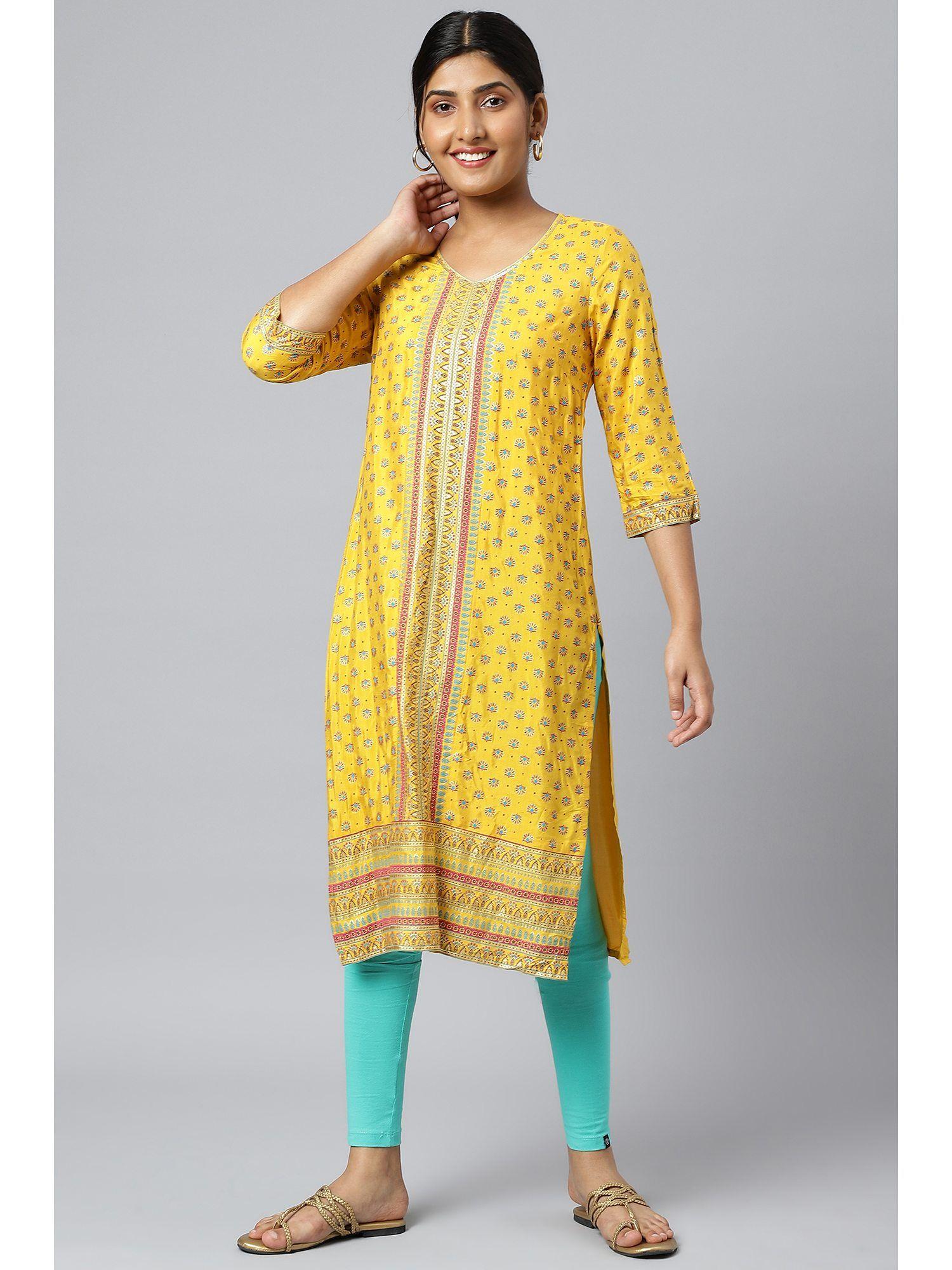 yellow floral printed sequined ethnic liva kurta