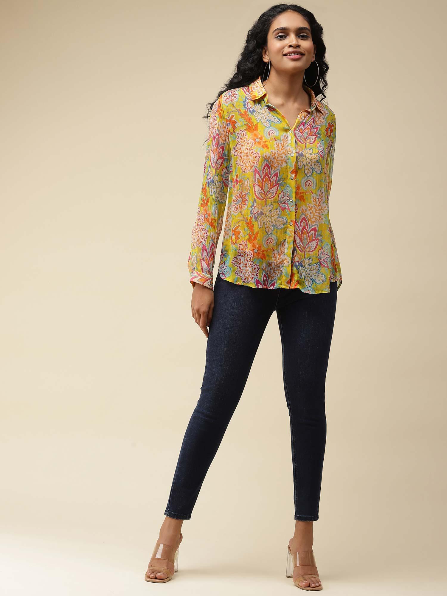 yellow floral printed shirt with camisole (set of 2)