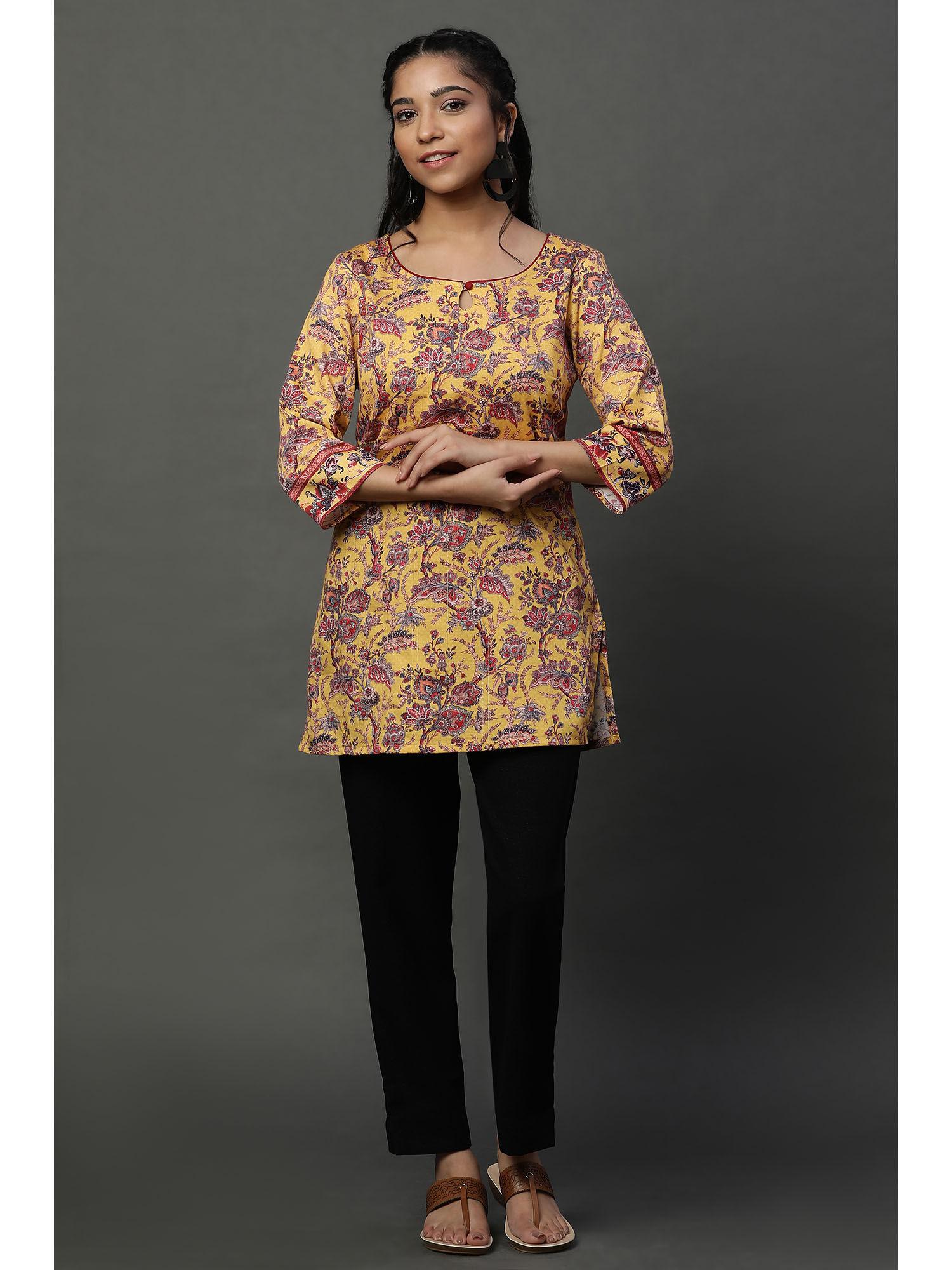 yellow floral printed short ethnic kurti